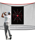 Man practicing swing with 10x7ft Golf Hitting Net for Backyard Practice with Mat Heavy Duty Indoor Outdoor Golf Net for Real Balls