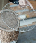 Clear Acrylic Center Finder Gauge For Circles 11.8 Inch Diameter Lathe Centering Tool resting on a wooden surface