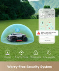 LiDAR 3500 4WD Robotic Lawn Mower With Dual AI Vision Pro Edition security features displayed on app in green field