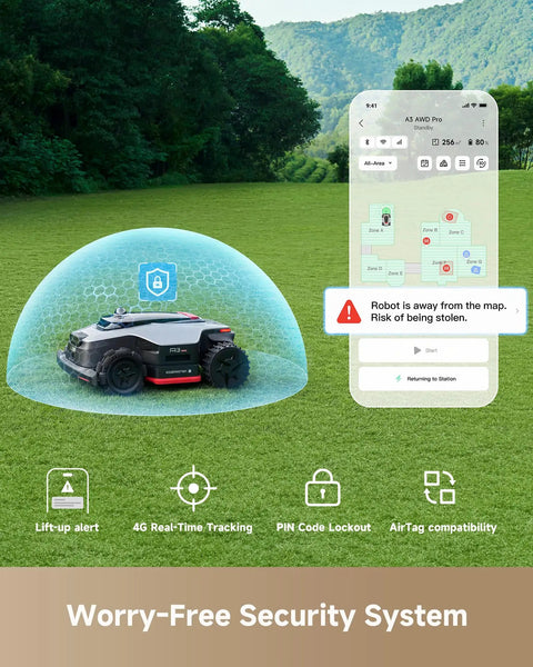 LiDAR 3500 4WD Robotic Lawn Mower With Dual AI Vision Pro Edition security features displayed on app in green field