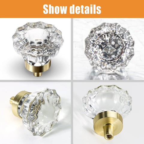 Gold Crystal Cabinet Knobs 8 Pack With Round Flower Design for Dresser, showcasing glass detail and alloy base from different angles