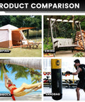 Comparison of camping tent, garden swing, person in hammock, and sandbag in gym setting.