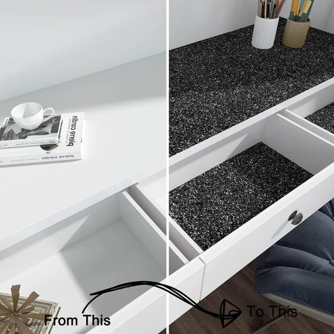 Transformation of desk surface using Black Glitter Wallpaper Roll 17.7 Inch by 354 Inch Self Adhesive Removable Sparkle Sequin Wall Cover.