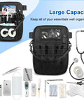 All-In-One Must-Have Nursing Utility Fanny Pack With Tape Holder And Stethoscope Pocket shown with medical tools.