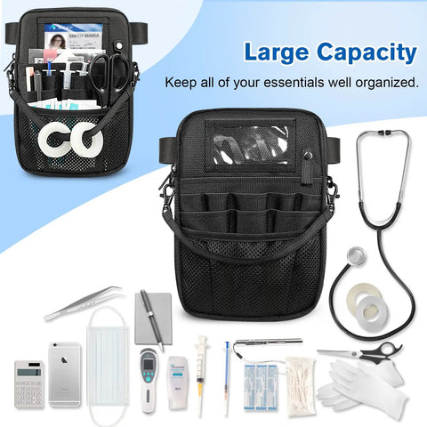 All-In-One Must-Have Nursing Utility Fanny Pack With Tape Holder And Stethoscope Pocket shown with medical tools.