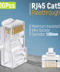EZ Cat 5e Pass Through RJ45 Connectors 200 Pack For Solid Or Stranded UTP Cable, transparent connectors side and front view