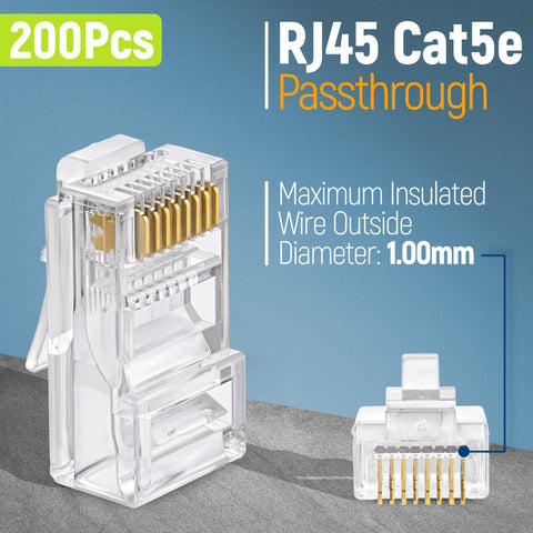 EZ Cat 5e Pass Through RJ45 Connectors 200 Pack For Solid Or Stranded UTP Cable, transparent connectors side and front view