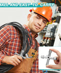 Worker holding cables and an Eight Piece Multi Function Sillcock Key Set For Radiators Faucets And Meter Boxes, inset showing key size.