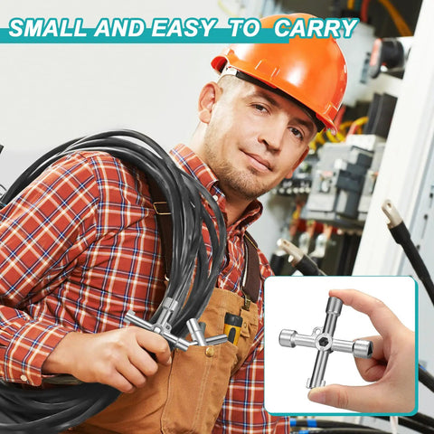 Worker holding cables and an Eight Piece Multi Function Sillcock Key Set For Radiators Faucets And Meter Boxes, inset showing key size.