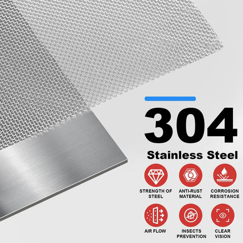 304 Stainless Steel Mesh Roll 47In By 10Ft 20 Mesh Heavy Duty Screen showing durability features icons on a white background.