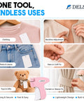 Plug And Play Tagging Machine For Clothing Merchants Loaded With Four Thousand Heavy Duty Fasteners Six Durable Needles Plus Bonus Silicone Anchors For Hanging Price Tags On Every Garment Without Any Complicated Setup Or Fuss - Various uses shown on clothing, toys, and curtains.