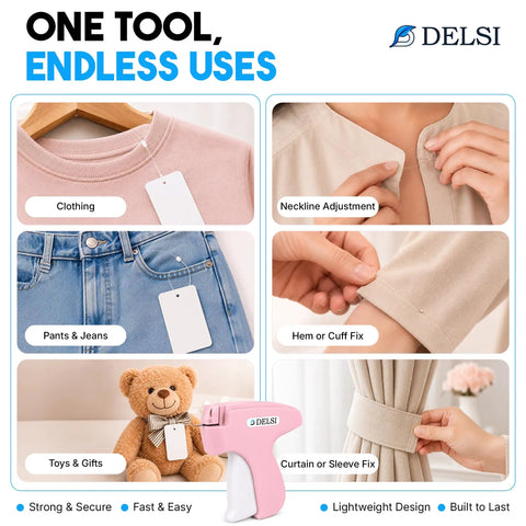 Plug And Play Tagging Machine For Clothing Merchants Loaded With Four Thousand Heavy Duty Fasteners Six Durable Needles Plus Bonus Silicone Anchors For Hanging Price Tags On Every Garment Without Any Complicated Setup Or Fuss - Various uses shown on clothing, toys, and curtains.