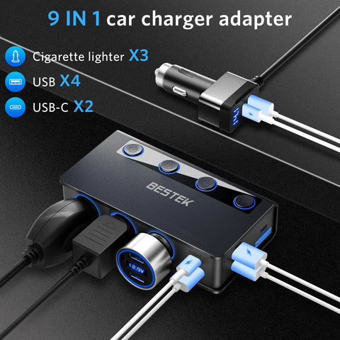Three Socket Cigarette Lighter Splitter Delivering 180W Power With Pd 65W Qc 3 0 Fast Charge with multiple power ports.