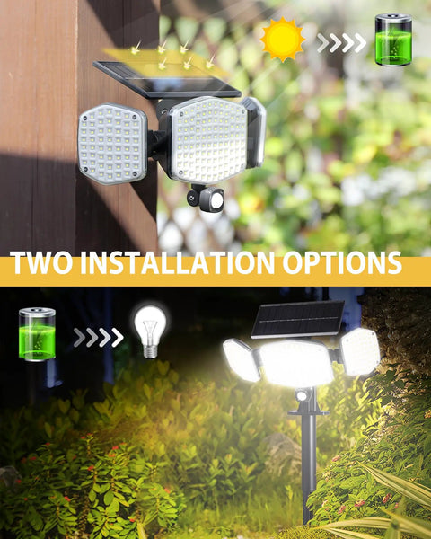 Solar Motion Sensor Outdoor Lights With Stakes For In Ground Or Wall Mount 270 Degree Wide Angle Illumination 208 LED display