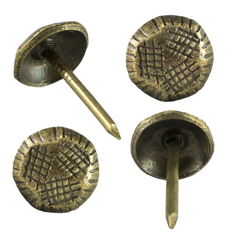 Top Shelf Antique Brass Upholstery Tacks, Hammered Furniture Nails For Couch Repair, 7 16 Inch, 100 Piece Bulk Box, No Fuss Diy Fix, Heavy Duty Hardware, Smooth As Silk, close-up view of tacks.