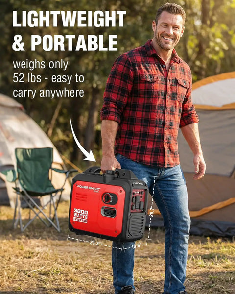 Man holding a Portable Inverter Generator Pumping Out 3800 Start And 3200 Run Watts Of Smooth Clean Power for camping.