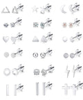 18 Pairs Tiny Cartilage Stud Earrings For Women And Men, Star Moon Heart Disc Ball CZ, Flat Back Screw Back Earrings, Stainless Steel Geometric Barbell Piercing Set, Silvery Finish, Everyday Sparkle For All Ear Piercings, assorted shapes