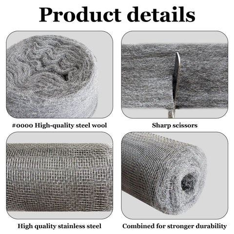 Product details showing Mice Proofing Kit No Fuss With Steel Wool 0000 And Stainless Mesh, scissors cutting, and strong durability.