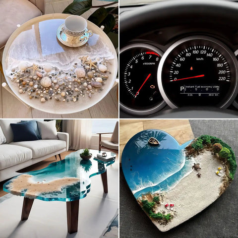 Collage of epoxy art items: round epoxy serving tray with seashells, car dashboard, epoxy river table, and heart-shaped beach scene resin art.