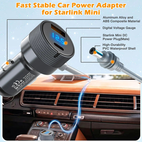 Heavy Duty 12 Volt And 24 Volt Vehicle Power Adapter For Compact Satellite Terminals with digital gauge in car dashboard.