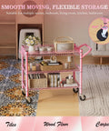 Rock Solid Heavy Duty Pink Metal Rolling Cart With Three Roomy Shelves And Smooth Rolling Wheels on tiled and wooden floors.