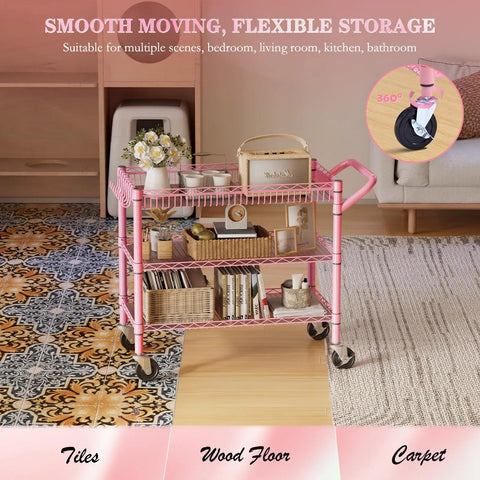 Rock Solid Heavy Duty Pink Metal Rolling Cart With Three Roomy Shelves And Smooth Rolling Wheels on tiled and wooden floors.