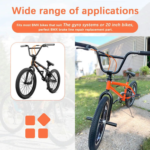 Close-up of orange BMX bike featuring Gyro Brake Cables Kit For 20 Inch Bikes Front And Rear With Upper And Lower Cables