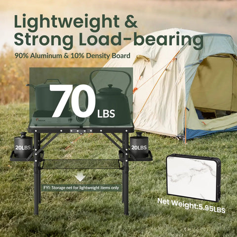 Compact Foldable Camping Table Two Foot For Picnic Portable Beach Table With Side Racks And Net Sturdy Light Aluminum shown with tent and weight capacity 70 lbs