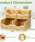 Stackable Bamboo Pantry Storage Bins Featuring Smooth Pull Out Trays A Straightforward Game Changer For Kitchen Organization Keeps Your Grub Fresh Inside Multi Size Baskets Designed For Easy Everyday Use dimensions on a white background showing 3 compartments.