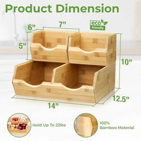 Stackable Bamboo Pantry Storage Bins Featuring Smooth Pull Out Trays A Straightforward Game Changer For Kitchen Organization Keeps Your Grub Fresh Inside Multi Size Baskets Designed For Easy Everyday Use dimensions on a white background showing 3 compartments.