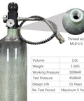 CE EN Certified 2L 122 Cu In 4500 Psi Air Tank with M18x1.5 Thread, dual gauge valve, and quick disconnect fittings, shown with specifications.