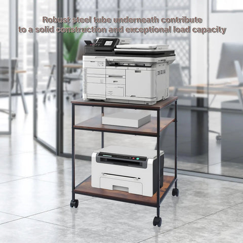 Top Shelf Premium Steel Frame 3 Tier Printer Stand Beefy Rolling Cart for Laser Inkjet Machines with Dead Simple Adjustable Shelves Swanky Lockable Wheels Nifty Desk Supply Holder Rack in modern office setting.