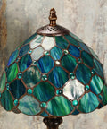 Stained Glass Table Lamp With Real Glass Shade In Green Pearl, Handmade Crystal Bead Style Desk Light For Living Room Or Bedroom.