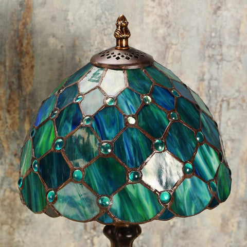 Stained Glass Table Lamp With Real Glass Shade In Green Pearl, Handmade Crystal Bead Style Desk Light For Living Room Or Bedroom.