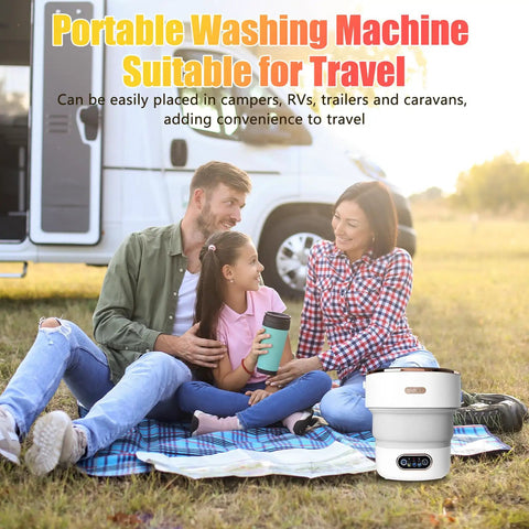 Family enjoying outdoors with Straight Up 15L Portable Washing Machine With Three Cleaning Modes for camping laundry.
