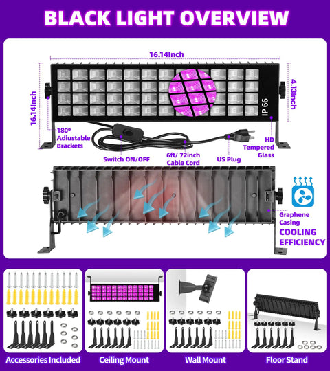 Diagram of 120W IP66 Waterproof Black Light With Plug Switch And 6ft Cord 105 LED UV Blacklight For Glow Parties Halloween Decor
