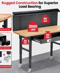 Beefy Heavy Duty Rolling Garage Workbench with Adjustable Height and 2000 Lbs Capacity, 60 Inch Rubberwood Top and Pegboard.