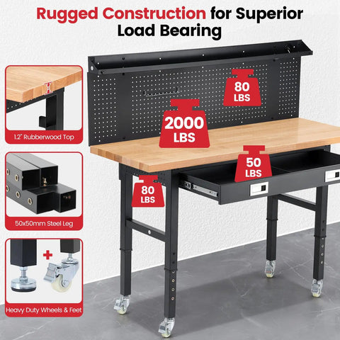 Beefy Heavy Duty Rolling Garage Workbench with Adjustable Height and 2000 Lbs Capacity, 60 Inch Rubberwood Top and Pegboard.
