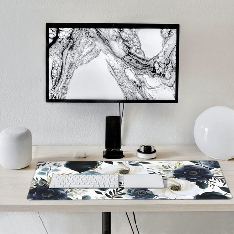 XXL Extended Desk Mouse Pad 35.4 x 15.7 Inches Navy Blue Boho Peony Florals Waterproof 3mm Thick Keyboard And Mouse Mat Game Ready For Office And Laptop Setup displayed on a modern desk.