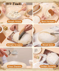 All In One Sourdough Starter Kit With Banneton Baskets Starter Jar Lame With Four Blades Thermometer Strip Feeding Tracker Dope Gift For Bakers Women Moms demonstrating baking tools like dough whisk, bowl scraper, and bread lame.