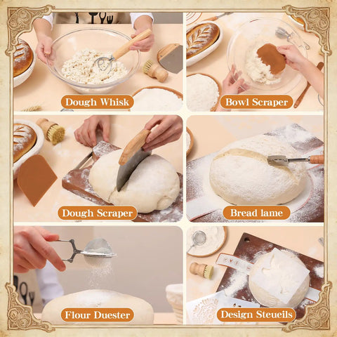 All In One Sourdough Starter Kit With Banneton Baskets Starter Jar Lame With Four Blades Thermometer Strip Feeding Tracker Dope Gift For Bakers Women Moms demonstrating baking tools like dough whisk, bowl scraper, and bread lame.