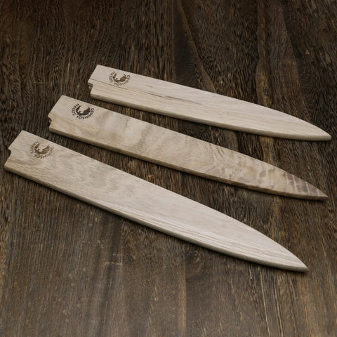 Premium Magnetic Oak Saya Cover For Yanagi Knives on wooden surface, showcasing rugged blade protector, 270mm guard.