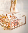 Premium Acrylic And Gold Base Note Holder And Paper Clip Organizer For Desk Cube Memo Pad 3 Compartments Modern Desk