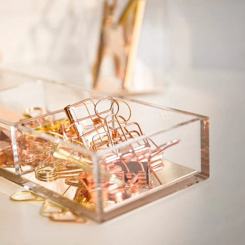 Premium Acrylic And Gold Base Note Holder And Paper Clip Organizer For Desk Cube Memo Pad 3 Compartments Modern Desk