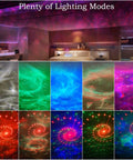 Room with 3 in 1 Starry Night Projector With Ocean Wave Nebula Effects Bluetooth Music Speaker With Remote Color Changing LED Modes For A Dope Bedroom Vibe And Room Decor displaying various lighting modes.
