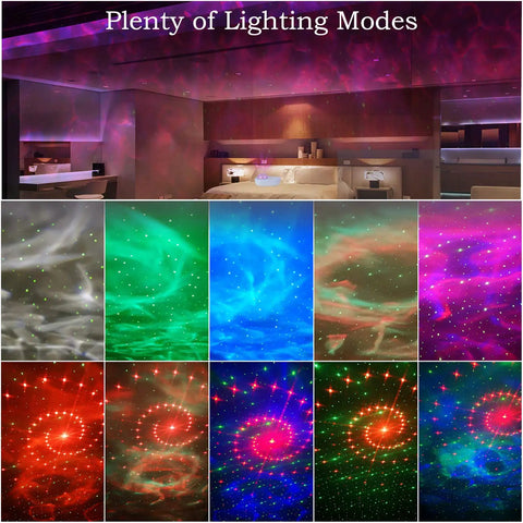 Room with 3 in 1 Starry Night Projector With Ocean Wave Nebula Effects Bluetooth Music Speaker With Remote Color Changing LED Modes For A Dope Bedroom Vibe And Room Decor displaying various lighting modes.