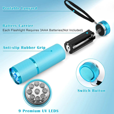 Three Pack Ultraviolet Black Light Flashlights 395nm With 9 LED UV Beams For Pet Urine Detection, disassembled view