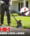 Person using Cordless 12 Inch 3 In 1 String Trimmer Weed Eater Tool Only Red Workhorse with 8500 RPM motor for edging.