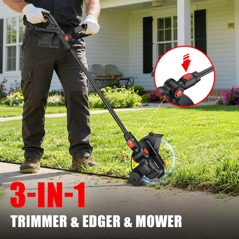 Person using Cordless 12 Inch 3 In 1 String Trimmer Weed Eater Tool Only Red Workhorse with 8500 RPM motor for edging.