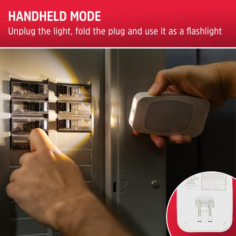 Person holding Four In One LED Power Failure Night Light Plug In With Light Sensing Auto On Off Foldable Plug Soft White 2 Pack